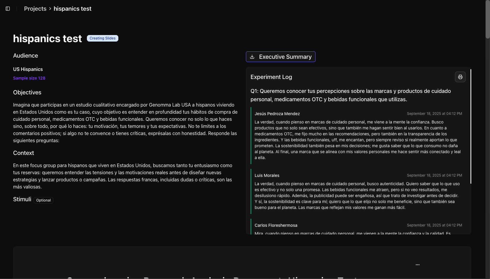 Arena Project Overview Interface